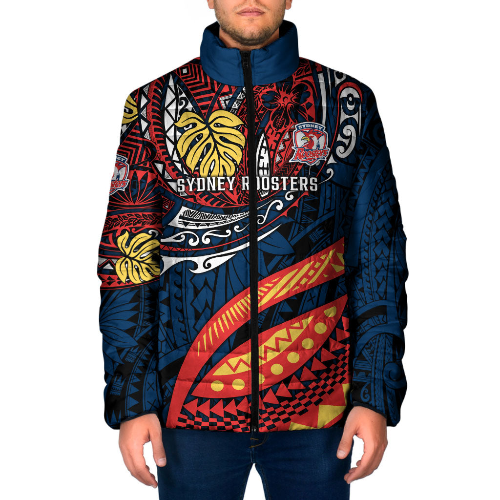 Personalised Sydney Roosters Padded Jacket Polynesian Tribal Art Style With Aggressive Rooster Mascot