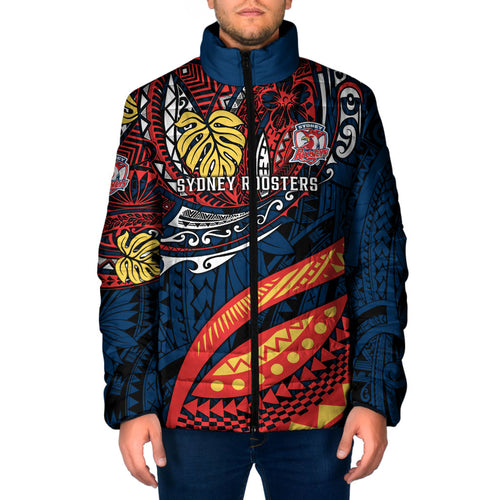 Personalised Sydney Roosters Padded Jacket Polynesian Tribal Art Style With Aggressive Rooster Mascot