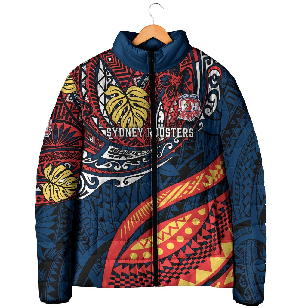 Personalised Sydney Roosters Padded Jacket Polynesian Tribal Art Style With Aggressive Rooster Mascot