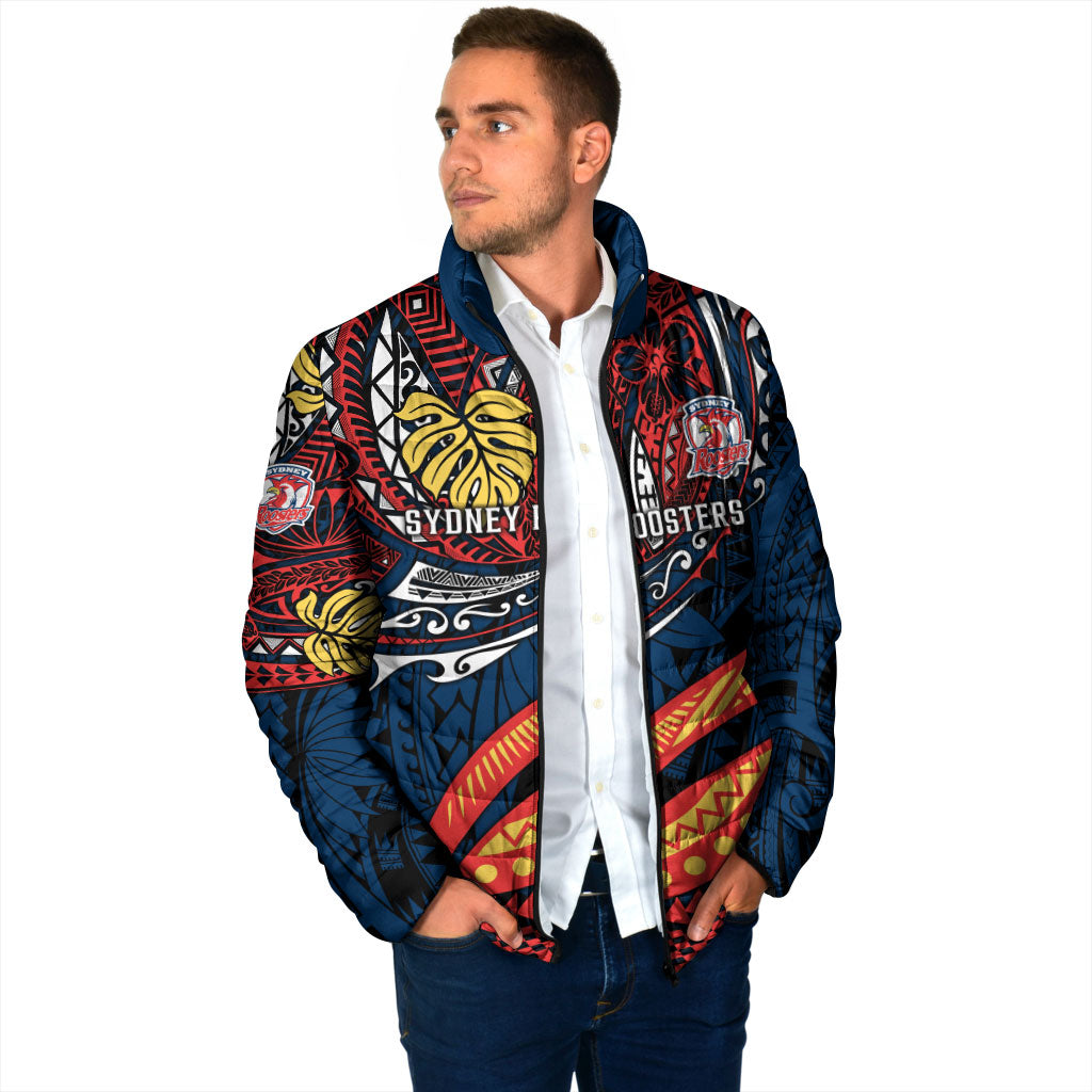Personalised Sydney Roosters Padded Jacket Polynesian Tribal Art Style With Aggressive Rooster Mascot