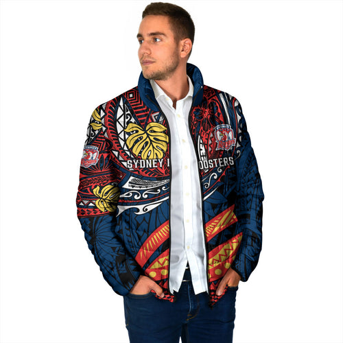 Personalised Sydney Roosters Padded Jacket Polynesian Tribal Art Style With Aggressive Rooster Mascot