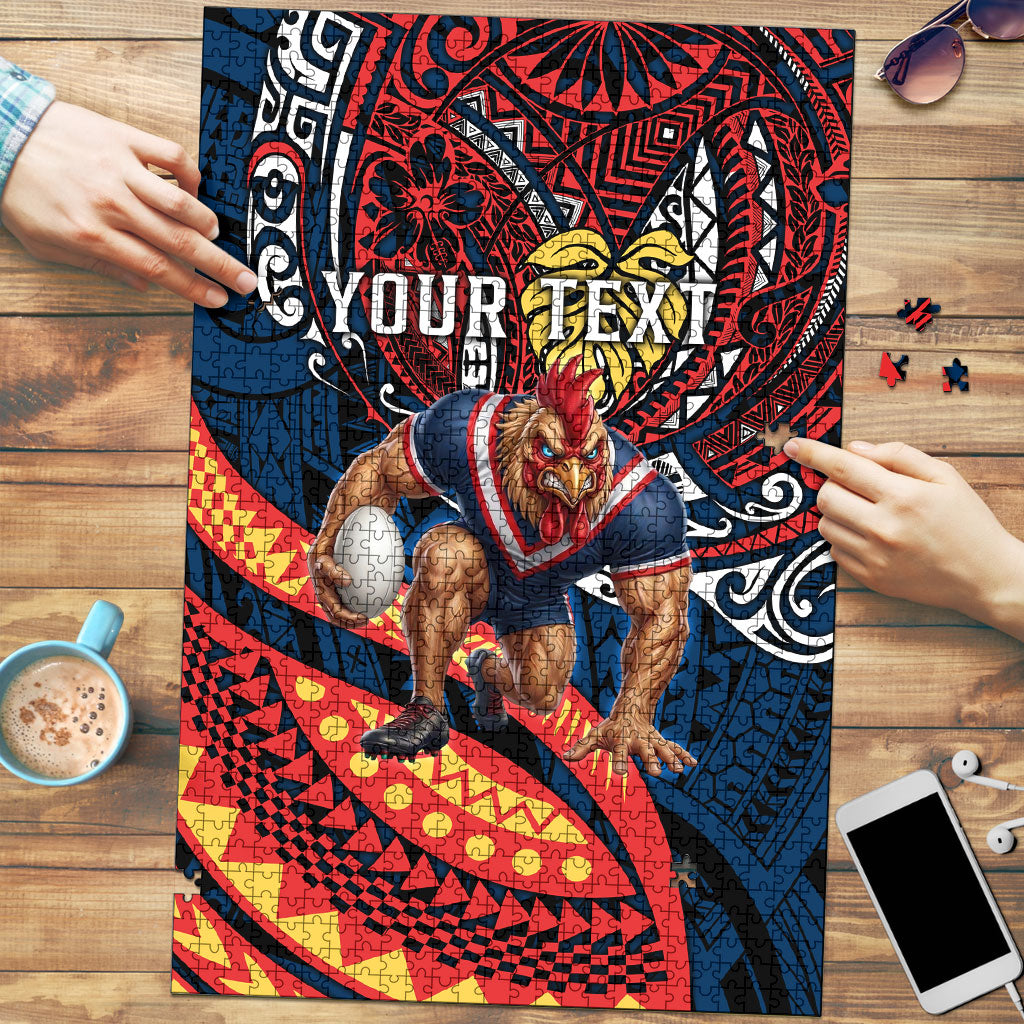 Personalised Sydney Roosters Puzzle Polynesian Tribal Art Style With Aggressive Rooster Mascot