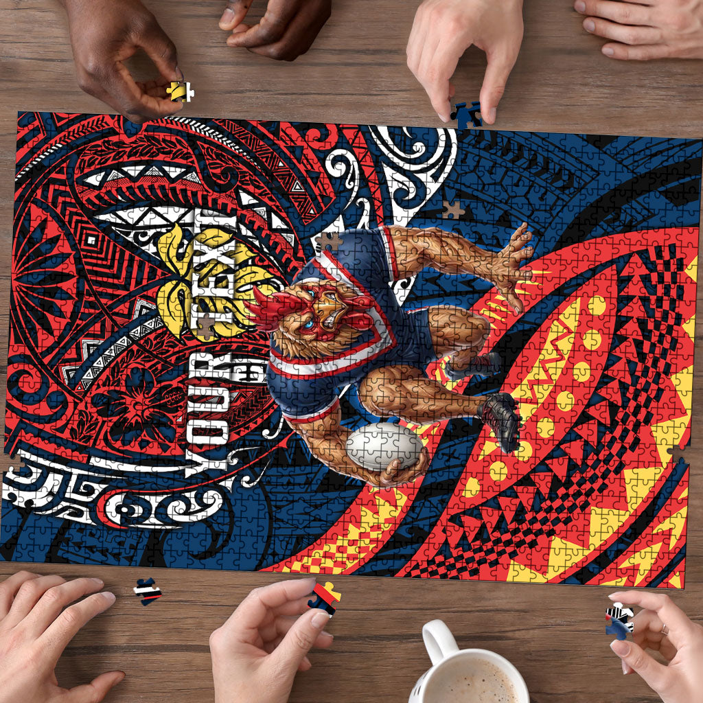 Personalised Sydney Roosters Puzzle Polynesian Tribal Art Style With Aggressive Rooster Mascot
