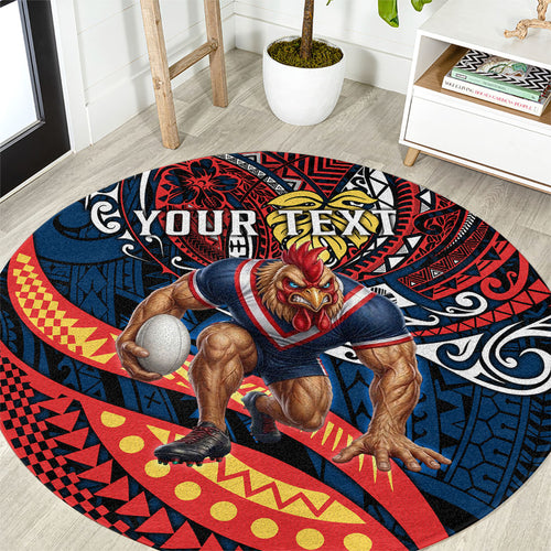 Personalised Sydney Roosters Round Carpet Polynesian Tribal Art Style With Aggressive Rooster Mascot