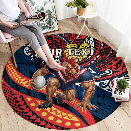 Personalised Sydney Roosters Round Carpet Polynesian Tribal Art Style With Aggressive Rooster Mascot