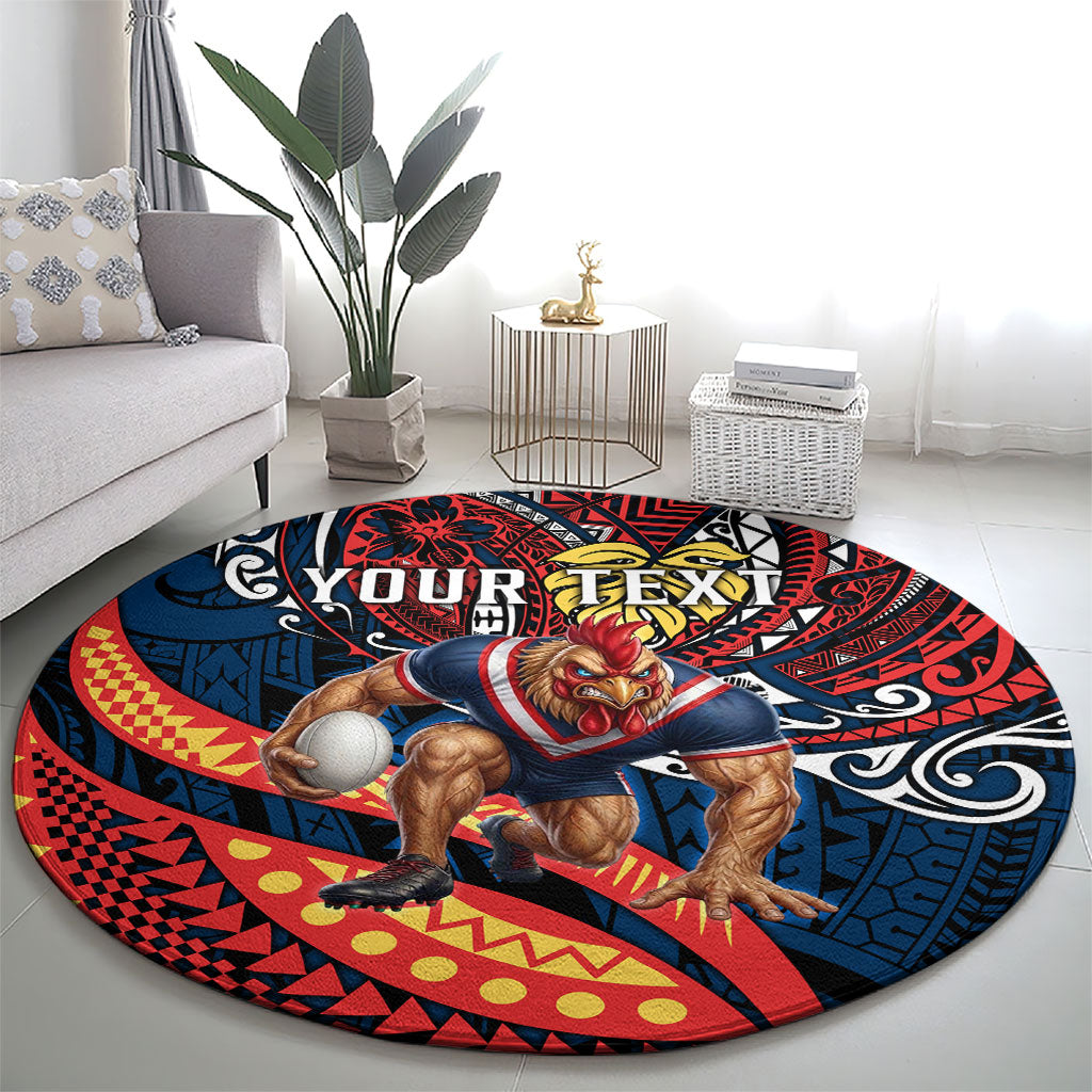 Personalised Sydney Roosters Round Carpet Polynesian Tribal Art Style With Aggressive Rooster Mascot