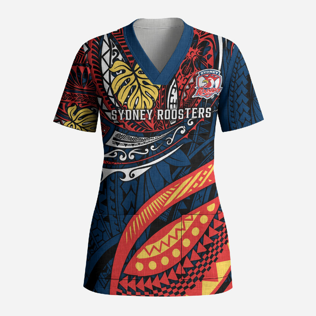 Personalised Sydney Roosters Scrub Top Polynesian Tribal Art Style With Aggressive Rooster Mascot