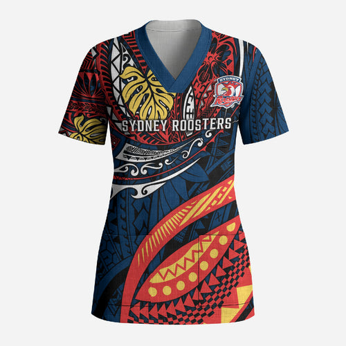 Personalised Sydney Roosters Scrub Top Polynesian Tribal Art Style With Aggressive Rooster Mascot
