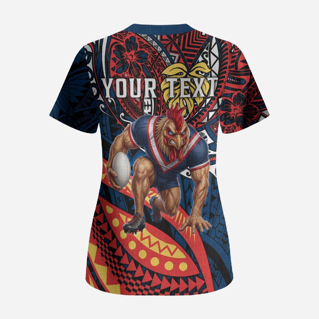 Personalised Sydney Roosters Scrub Top Polynesian Tribal Art Style With Aggressive Rooster Mascot