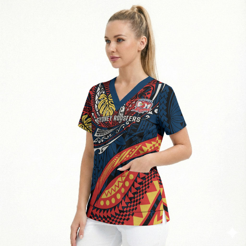 Personalised Sydney Roosters Scrub Top Polynesian Tribal Art Style With Aggressive Rooster Mascot