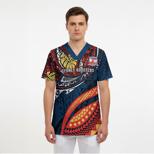 Personalised Sydney Roosters Scrub Top Polynesian Tribal Art Style With Aggressive Rooster Mascot