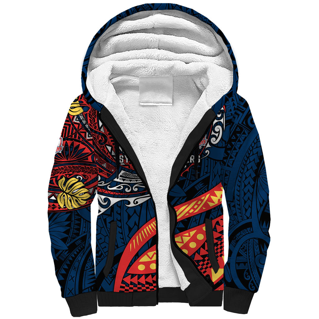 Personalised Sydney Roosters Sherpa Hoodie Polynesian Tribal Art Style With Aggressive Rooster Mascot