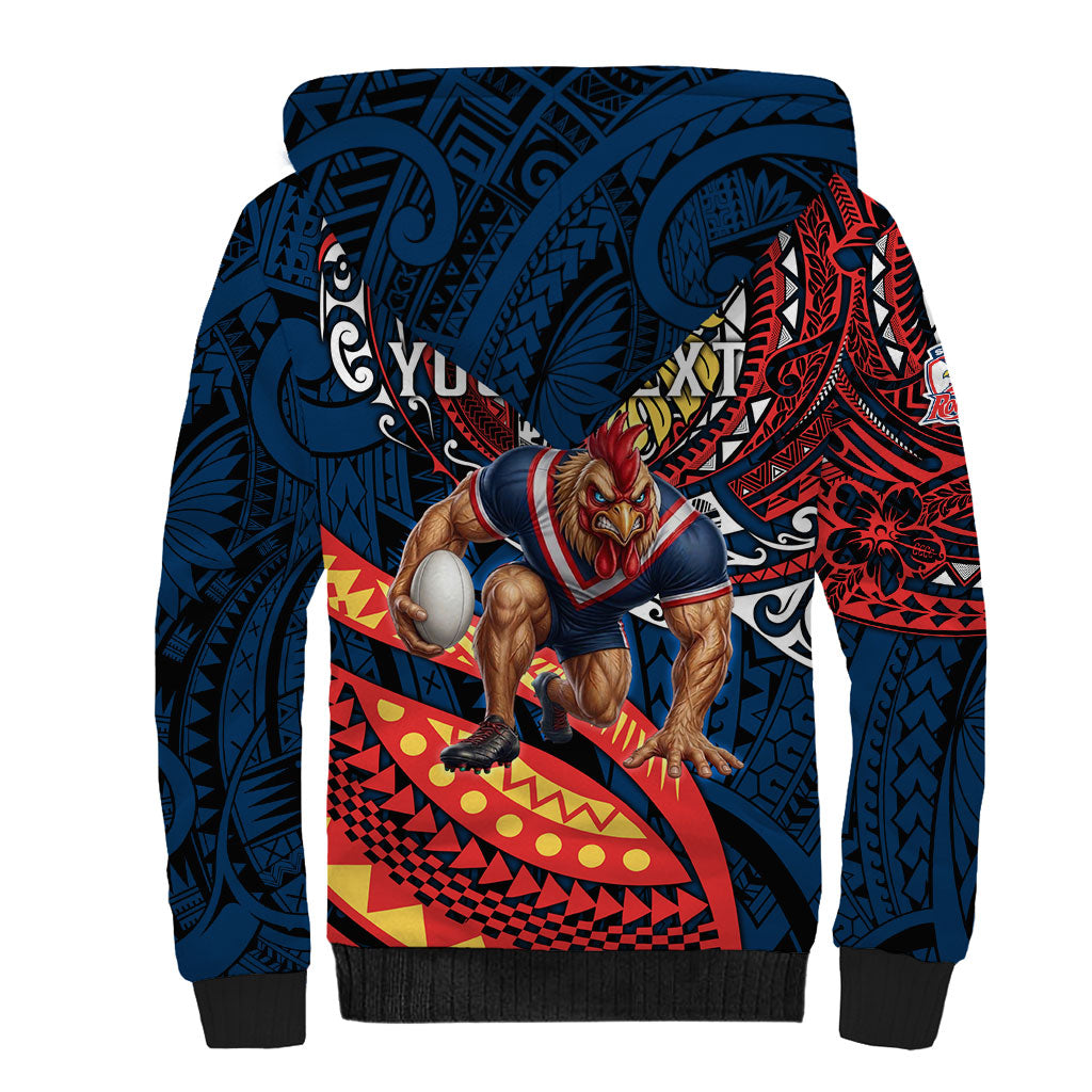 Personalised Sydney Roosters Sherpa Hoodie Polynesian Tribal Art Style With Aggressive Rooster Mascot