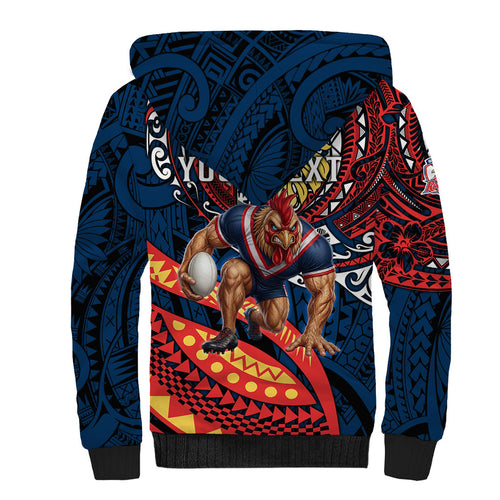 Personalised Sydney Roosters Sherpa Hoodie Polynesian Tribal Art Style With Aggressive Rooster Mascot