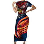 Personalised Sydney Roosters Short Sleeve Bodycon Dress Polynesian Tribal Art Style With Aggressive Rooster Mascot