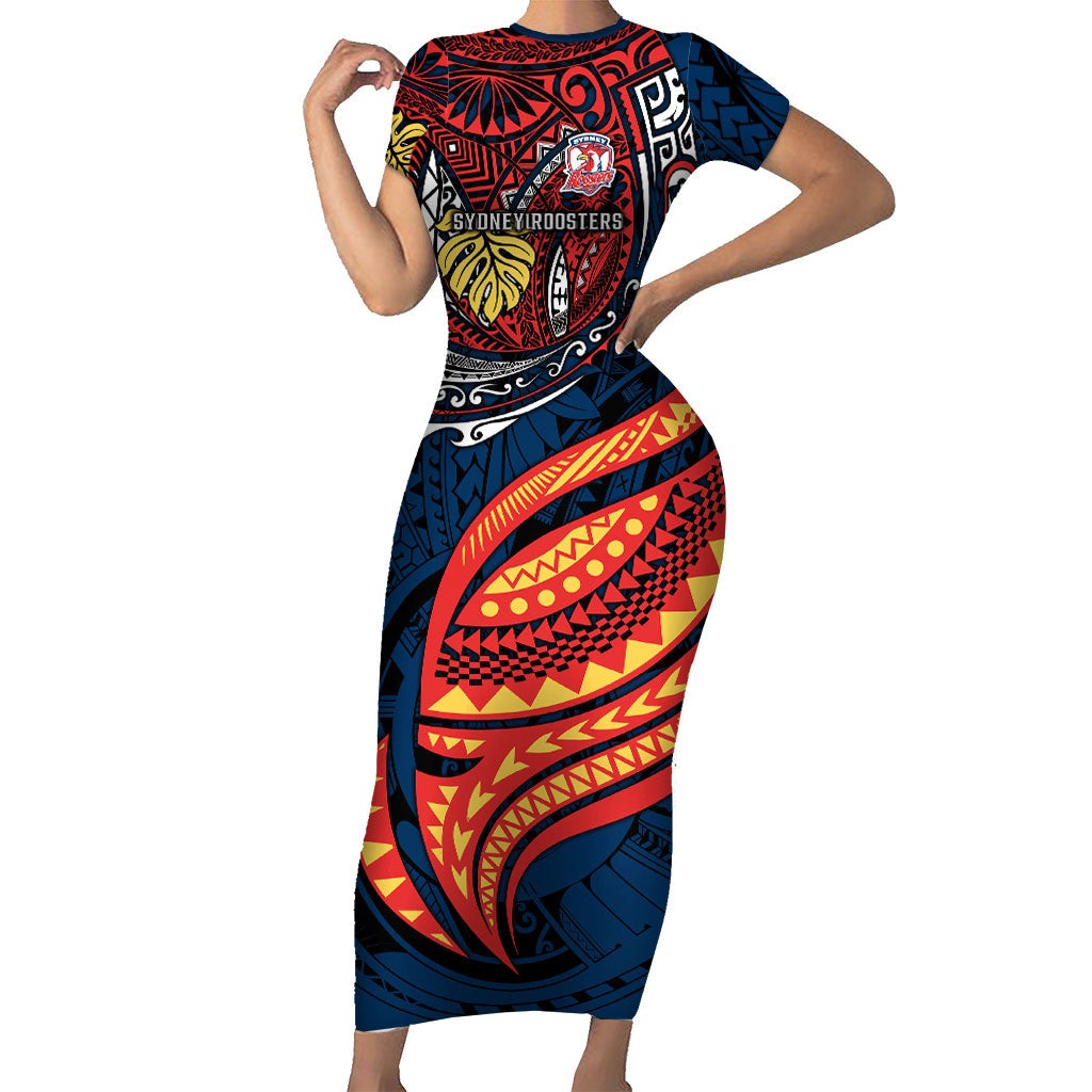 Personalised Sydney Roosters Short Sleeve Bodycon Dress Polynesian Tribal Art Style With Aggressive Rooster Mascot