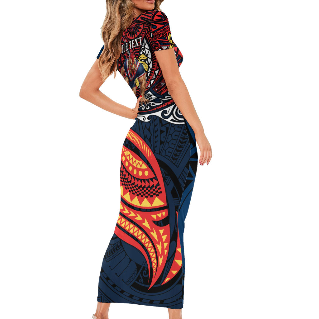 Personalised Sydney Roosters Short Sleeve Bodycon Dress Polynesian Tribal Art Style With Aggressive Rooster Mascot