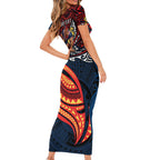 Personalised Sydney Roosters Short Sleeve Bodycon Dress Polynesian Tribal Art Style With Aggressive Rooster Mascot