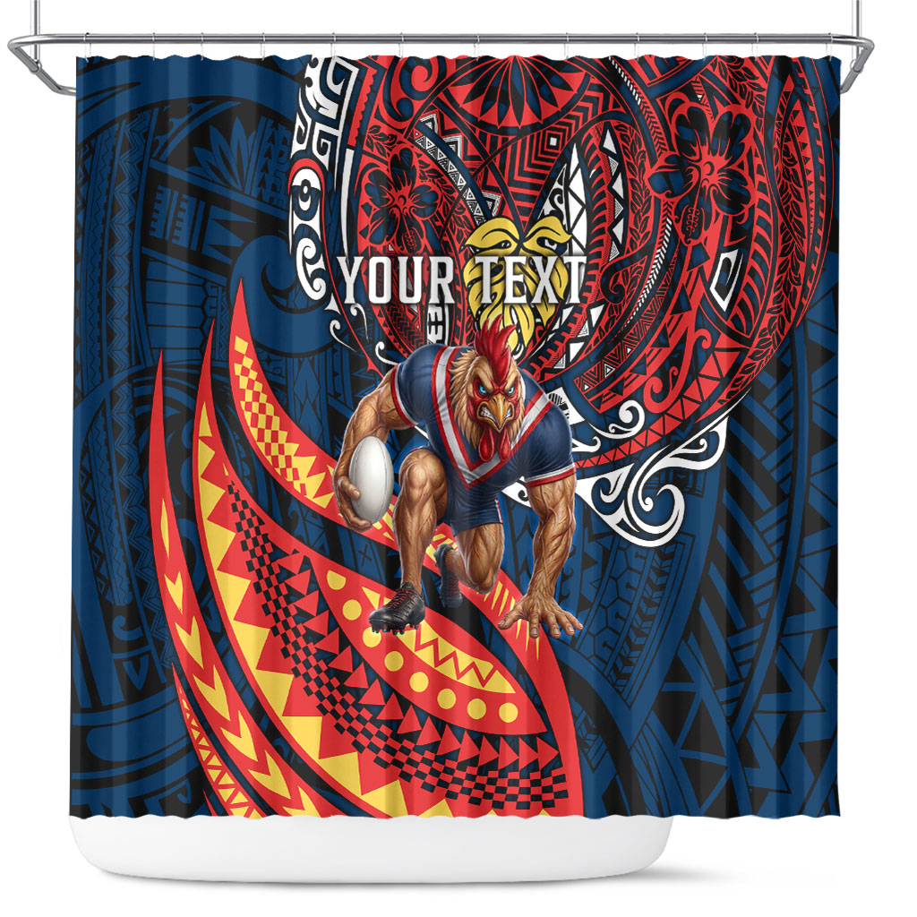 Personalised Sydney Roosters Shower Curtain Polynesian Tribal Art Style With Aggressive Rooster Mascot
