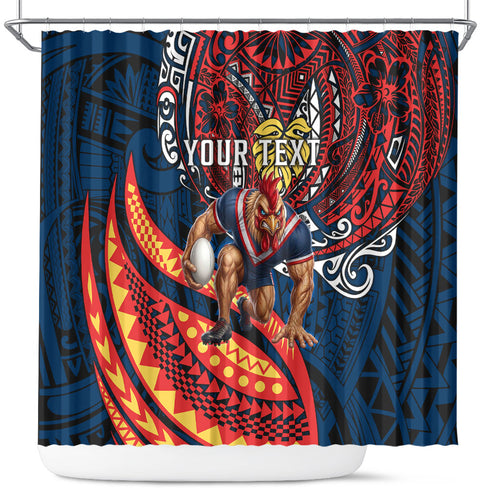 Personalised Sydney Roosters Shower Curtain Polynesian Tribal Art Style With Aggressive Rooster Mascot