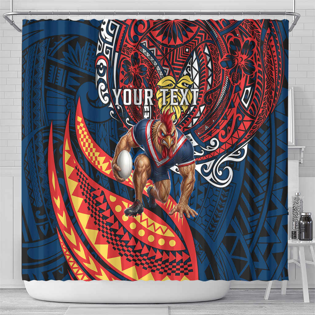 Personalised Sydney Roosters Shower Curtain Polynesian Tribal Art Style With Aggressive Rooster Mascot