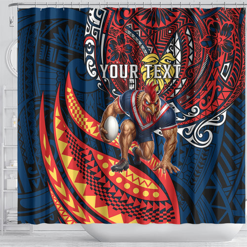 Personalised Sydney Roosters Shower Curtain Polynesian Tribal Art Style With Aggressive Rooster Mascot
