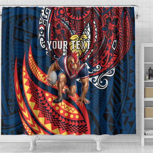 Personalised Sydney Roosters Shower Curtain Polynesian Tribal Art Style With Aggressive Rooster Mascot