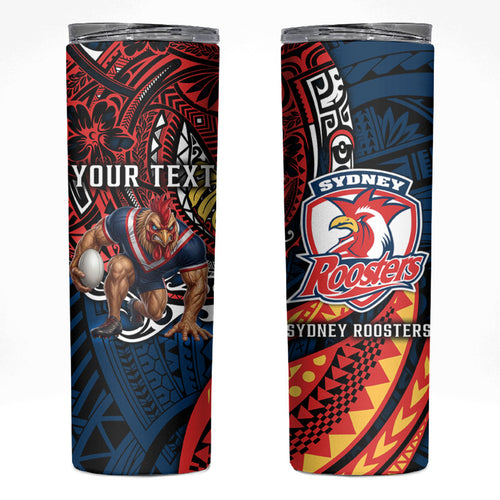 Personalised Sydney Roosters Skinny Tumbler Polynesian Tribal Art Style With Aggressive Rooster Mascot