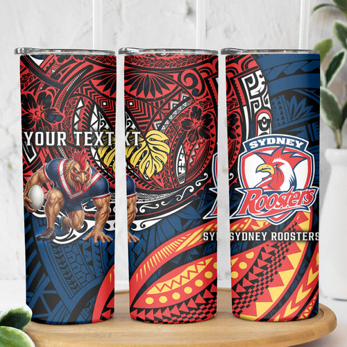 Personalised Sydney Roosters Skinny Tumbler Polynesian Tribal Art Style With Aggressive Rooster Mascot