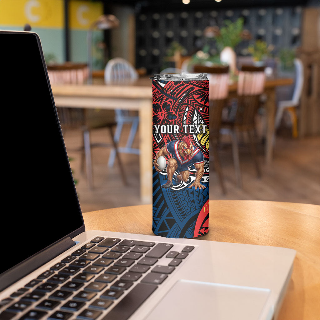 Personalised Sydney Roosters Skinny Tumbler Polynesian Tribal Art Style With Aggressive Rooster Mascot