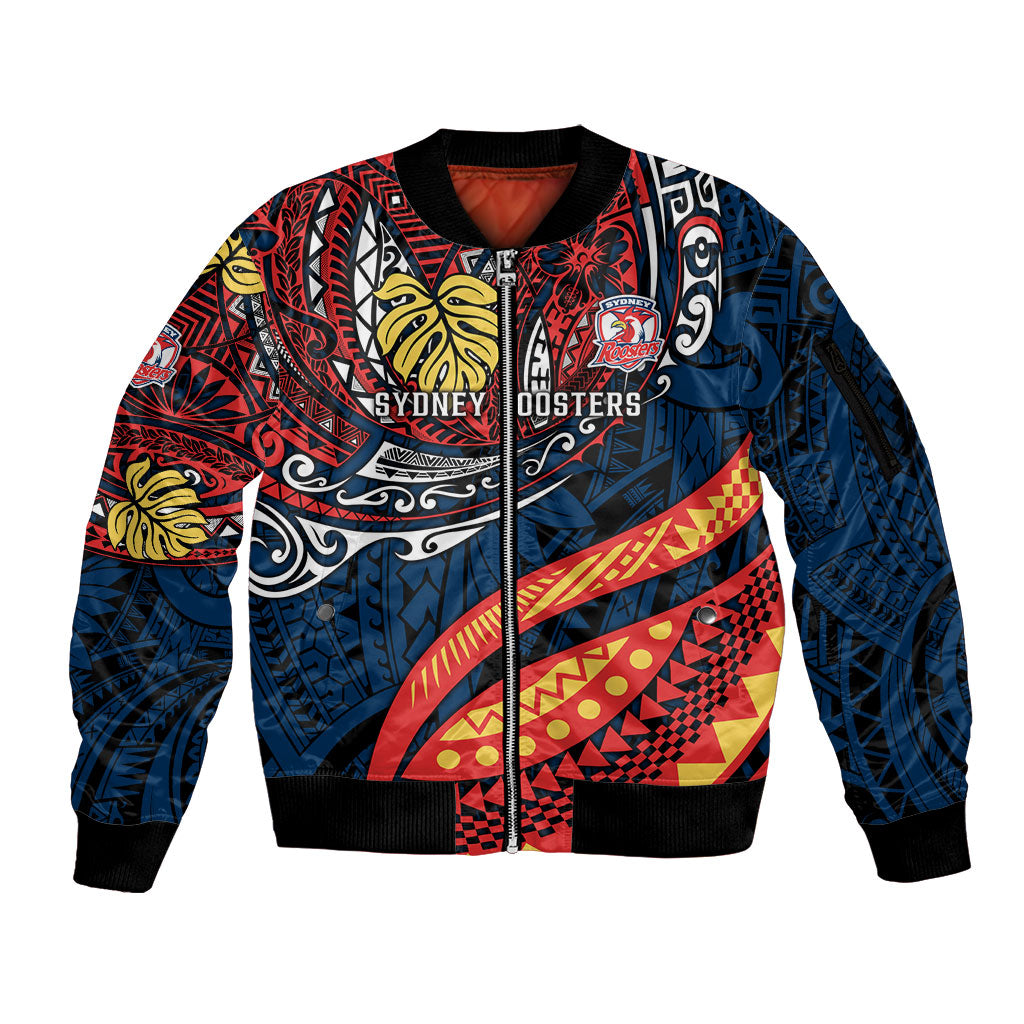Personalised Sydney Roosters Sleeve Zip Bomber Jacket Polynesian Tribal Art Style With Aggressive Rooster Mascot