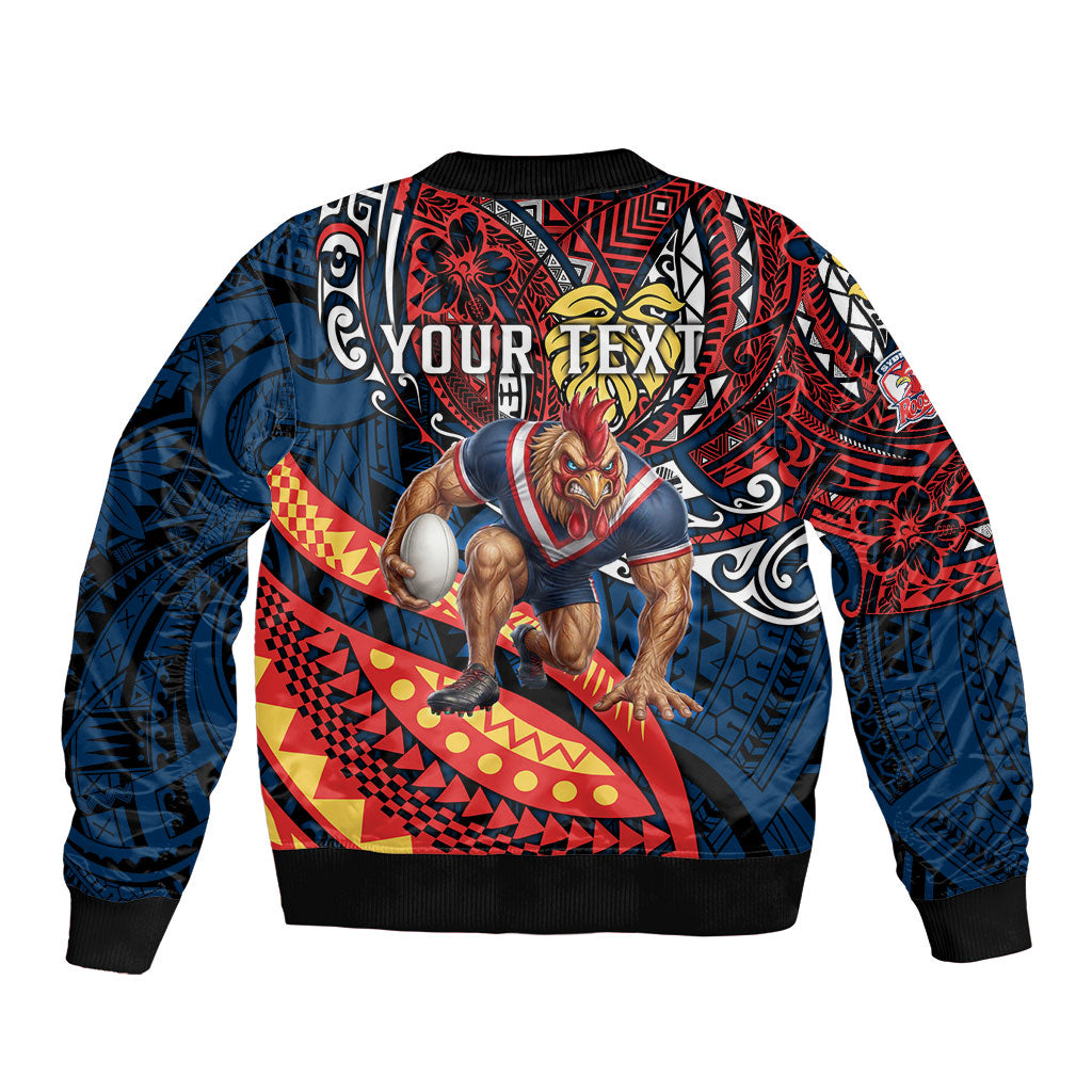 Personalised Sydney Roosters Sleeve Zip Bomber Jacket Polynesian Tribal Art Style With Aggressive Rooster Mascot