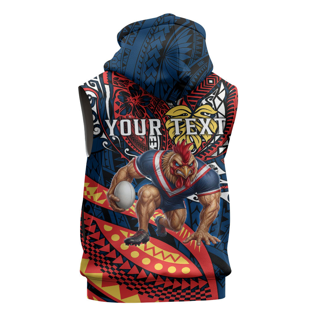 Personalised Sydney Roosters Sleeveless Hoodie Polynesian Tribal Art Style With Aggressive Rooster Mascot