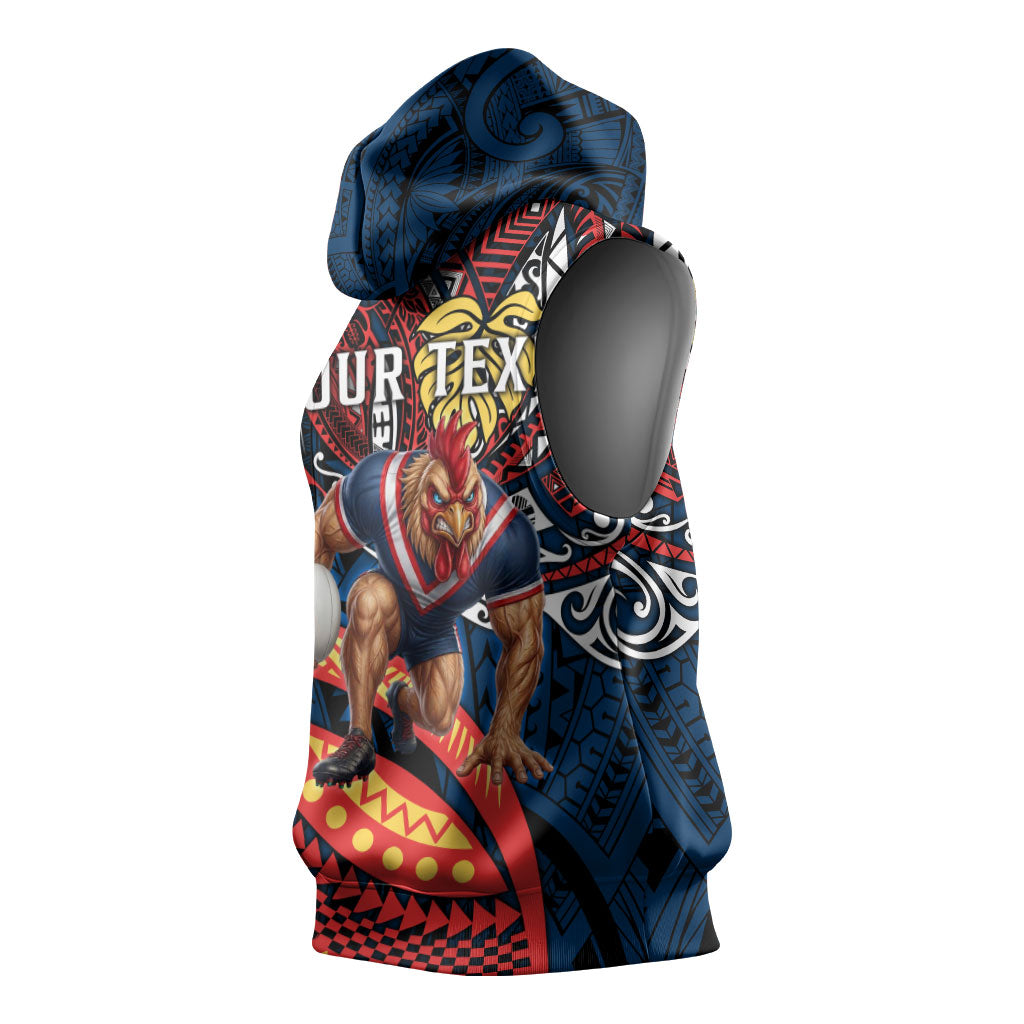 Personalised Sydney Roosters Sleeveless Hoodie Polynesian Tribal Art Style With Aggressive Rooster Mascot
