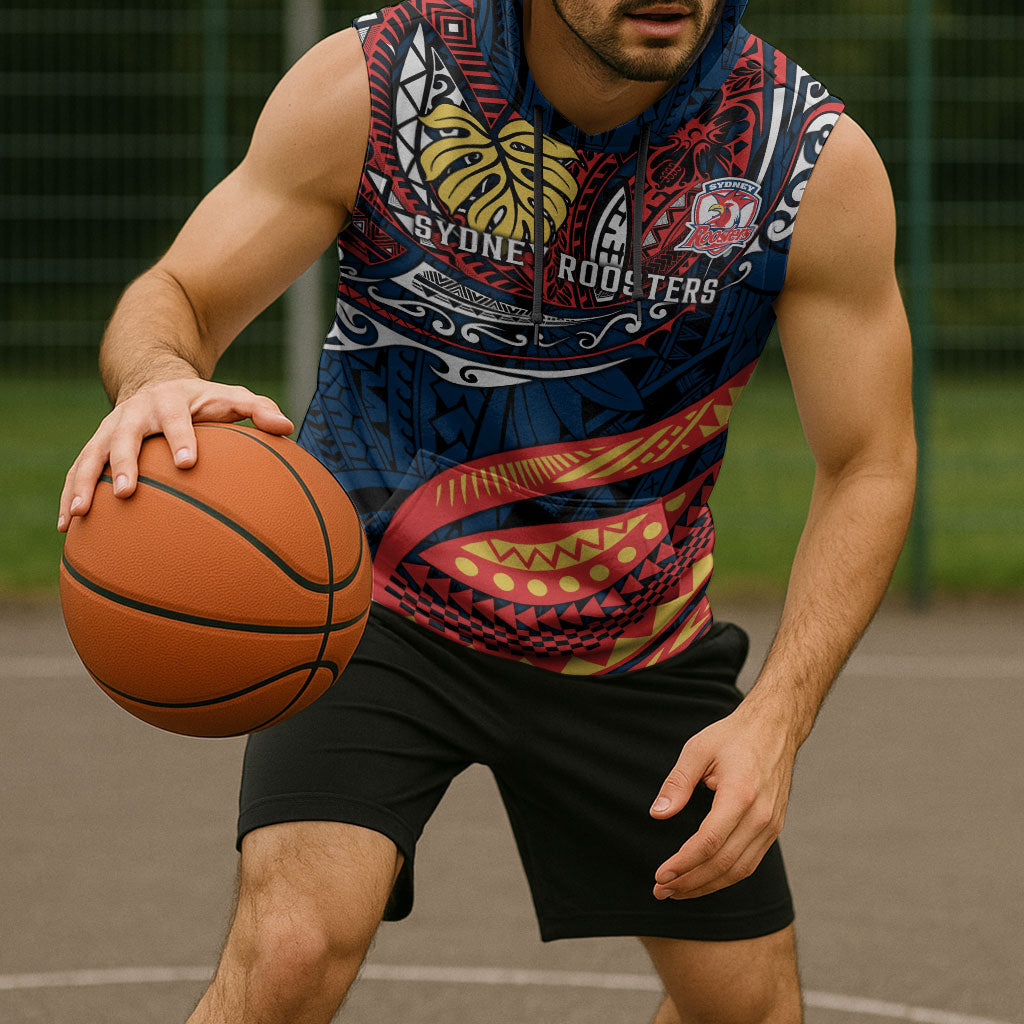 Personalised Sydney Roosters Sleeveless Hoodie Polynesian Tribal Art Style With Aggressive Rooster Mascot