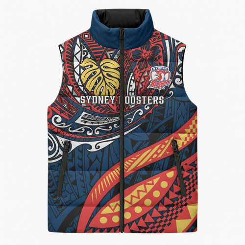 Personalised Sydney Roosters Sleeveless Puffer Jacket Polynesian Tribal Art Style With Aggressive Rooster Mascot