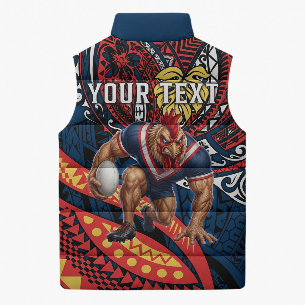 Personalised Sydney Roosters Sleeveless Puffer Jacket Polynesian Tribal Art Style With Aggressive Rooster Mascot