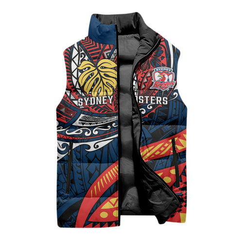Personalised Sydney Roosters Sleeveless Puffer Jacket Polynesian Tribal Art Style With Aggressive Rooster Mascot