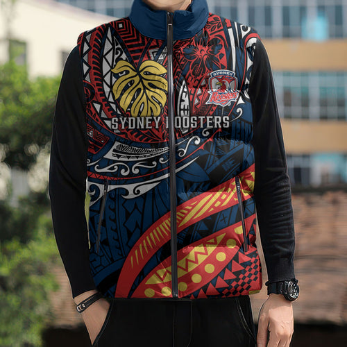 Personalised Sydney Roosters Sleeveless Puffer Jacket Polynesian Tribal Art Style With Aggressive Rooster Mascot