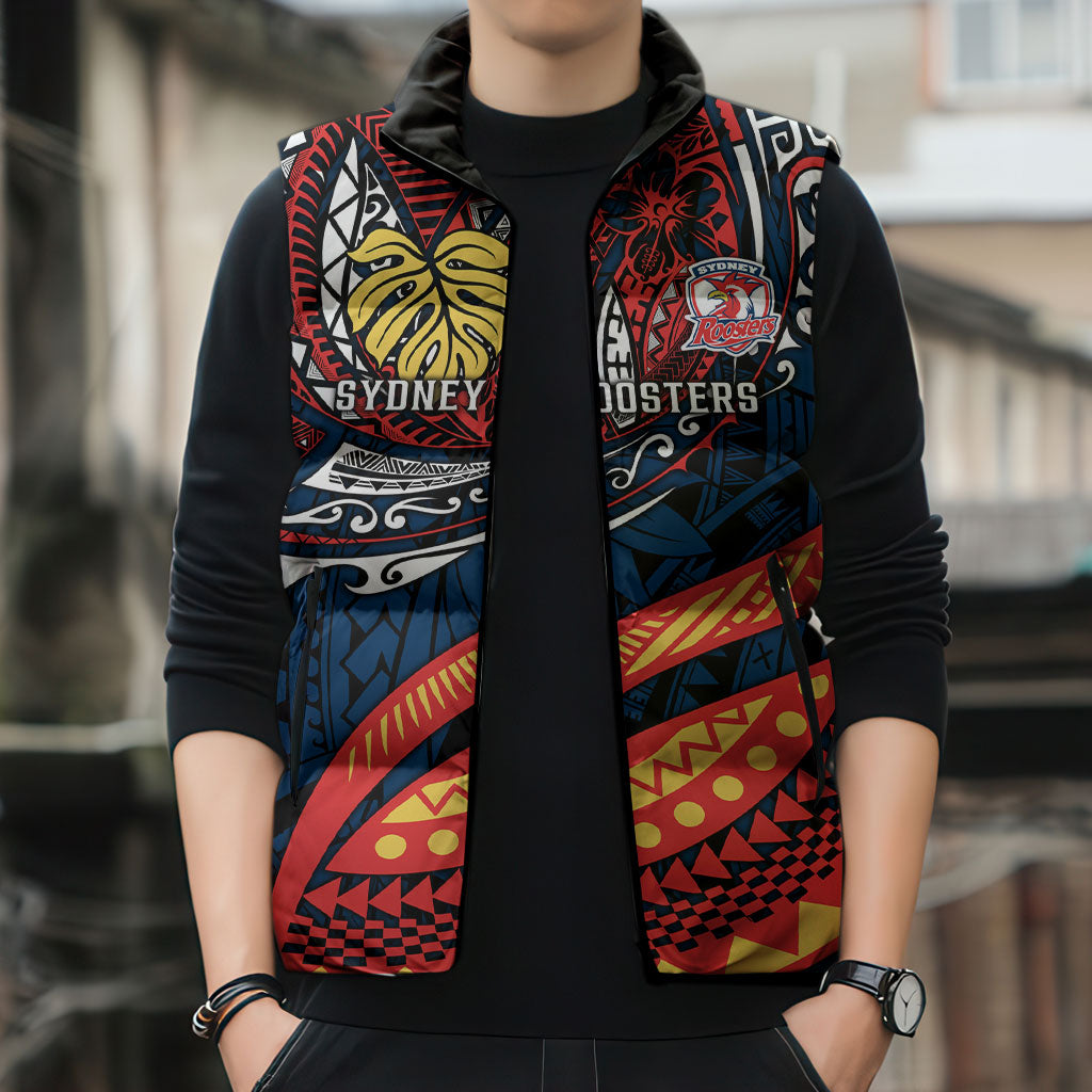 Personalised Sydney Roosters Sleeveless Puffer Jacket Polynesian Tribal Art Style With Aggressive Rooster Mascot