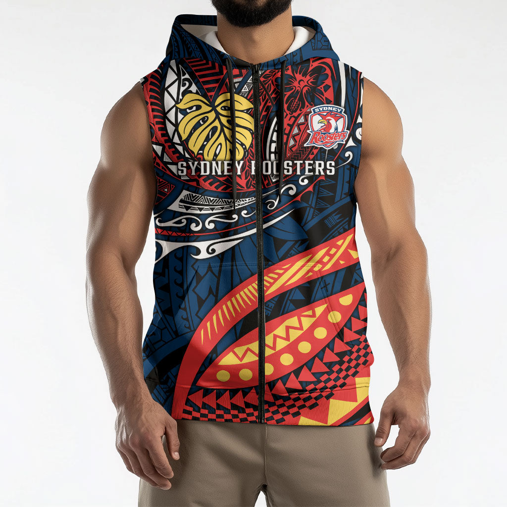 Personalised Sydney Roosters Sleeveless Zip Hoodie Polynesian Tribal Art Style With Aggressive Rooster Mascot