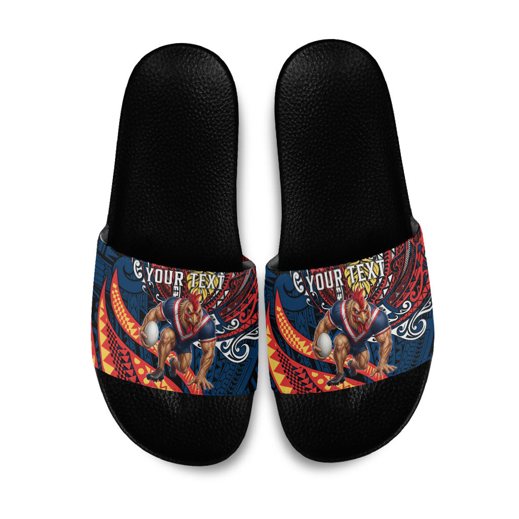 Personalised Sydney Roosters Slide Sandals Polynesian Tribal Art Style With Aggressive Rooster Mascot