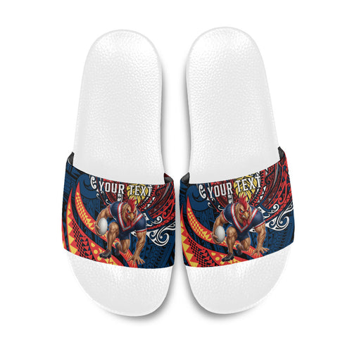 Personalised Sydney Roosters Slide Sandals Polynesian Tribal Art Style With Aggressive Rooster Mascot