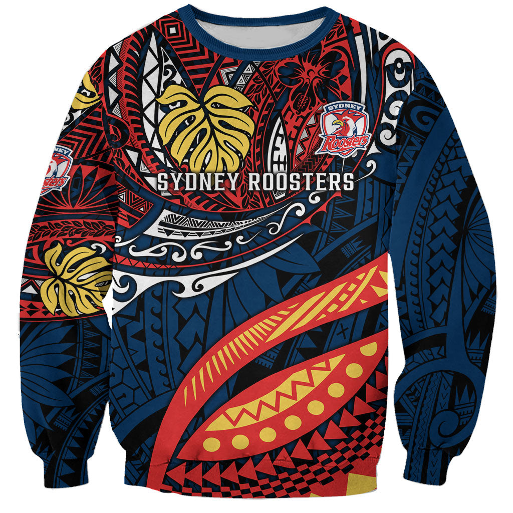 Personalised Sydney Roosters Sweatshirt Polynesian Tribal Art Style With Aggressive Rooster Mascot
