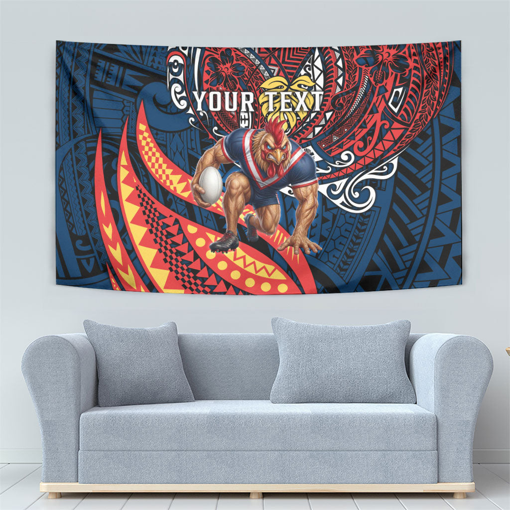 Personalised Sydney Roosters Tapestry Polynesian Tribal Art Style With Aggressive Rooster Mascot