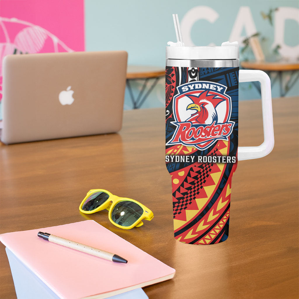 Personalised Sydney Roosters Tumbler With Handle Polynesian Tribal Art Style With Aggressive Rooster Mascot