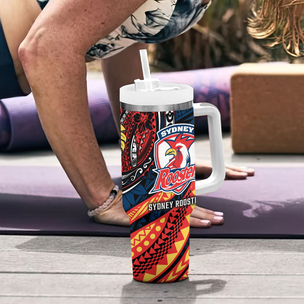 Personalised Sydney Roosters Tumbler With Handle Polynesian Tribal Art Style With Aggressive Rooster Mascot