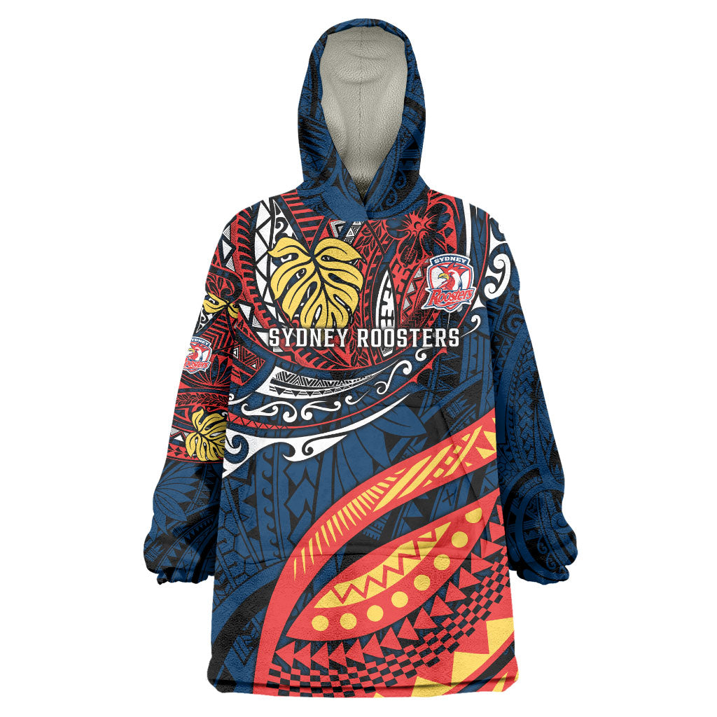 Personalised Sydney Roosters Wearable Blanket Hoodie Polynesian Tribal Art Style With Aggressive Rooster Mascot