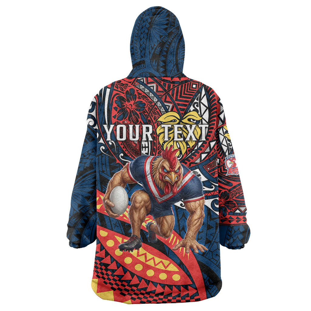 Personalised Sydney Roosters Wearable Blanket Hoodie Polynesian Tribal Art Style With Aggressive Rooster Mascot