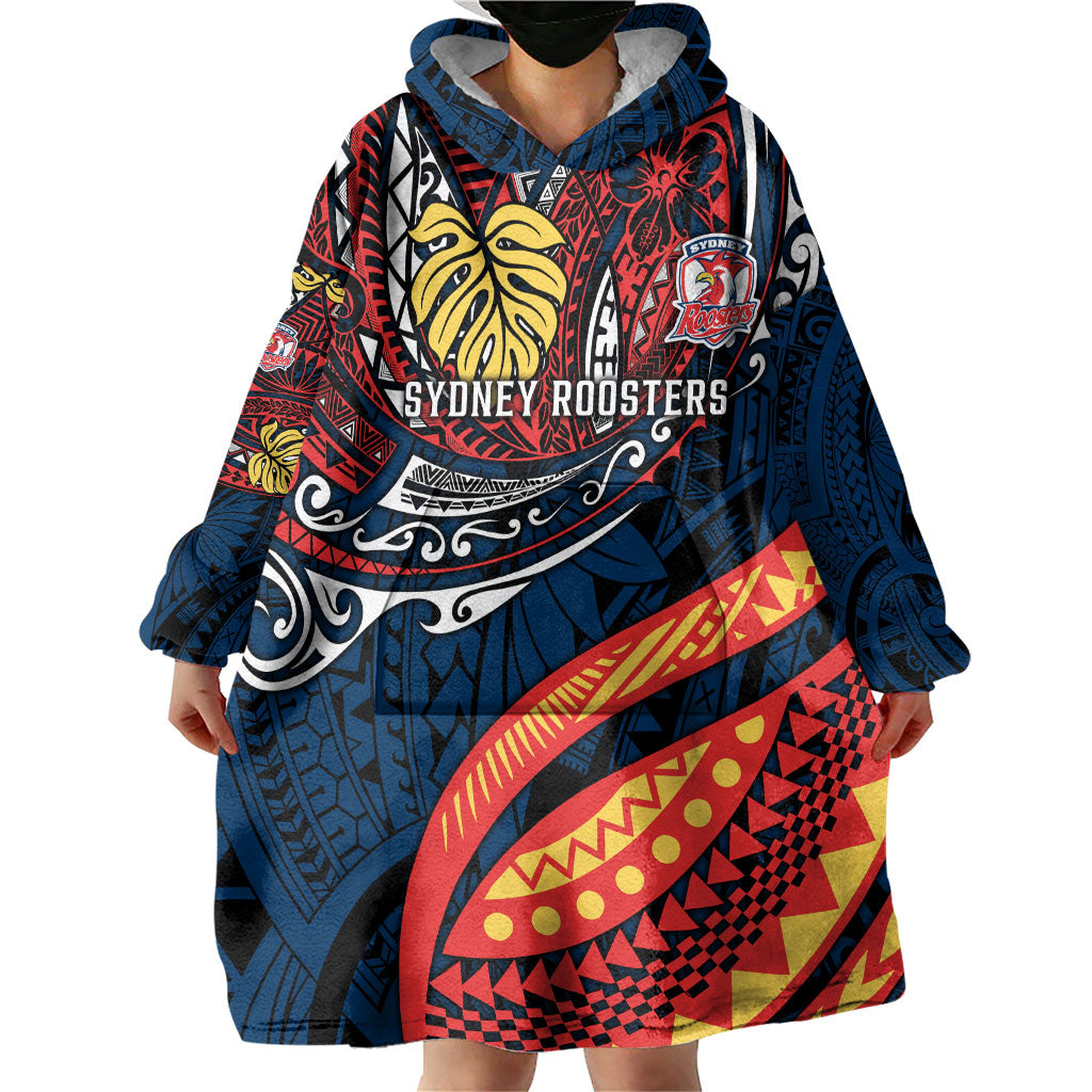 Personalised Sydney Roosters Wearable Blanket Hoodie Polynesian Tribal Art Style With Aggressive Rooster Mascot